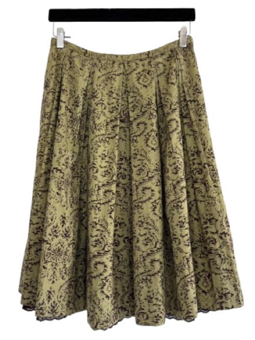 Anthropologie Odille Full Pleated Circle Skirt Green Brown Velvet Lace Trim